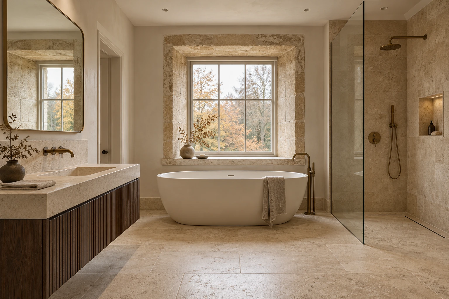 Bathroom with oak vanity and freestanding bath